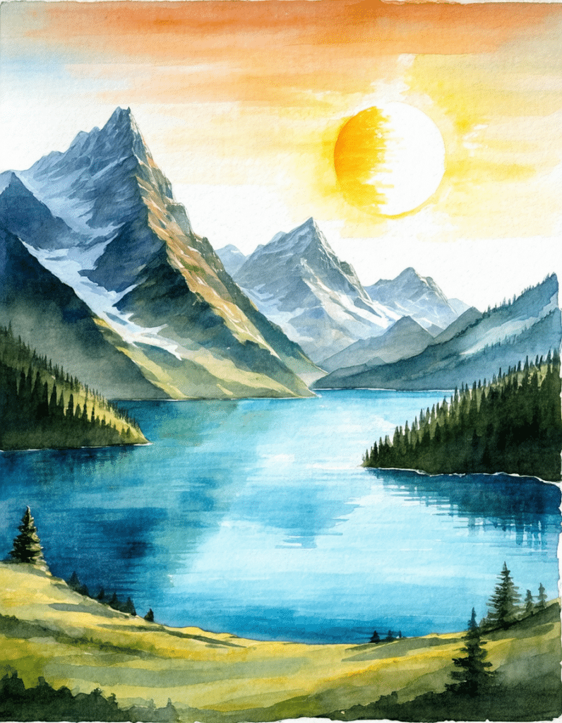 watercolor image of a mountain lake with the sun in the background