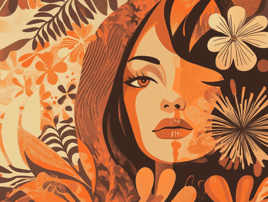 AI Art with a beachy boho theme with oranges, browns, and blacks and main yellow basis for color theme