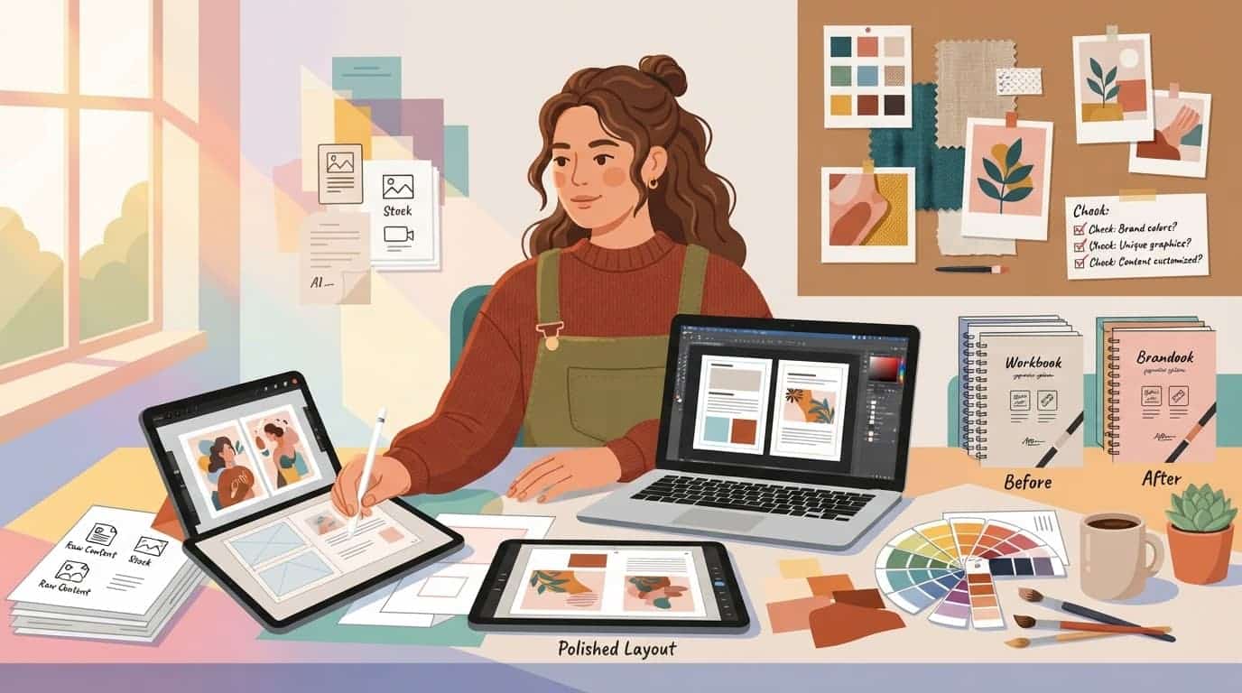 A creator customizes workbook pages beside a tablet, mood board, and color swatches.