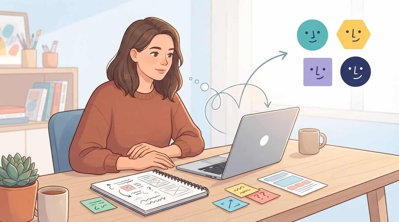 A creator at a desk reviews notes beside a laptop, prototype card, and buyer icons.