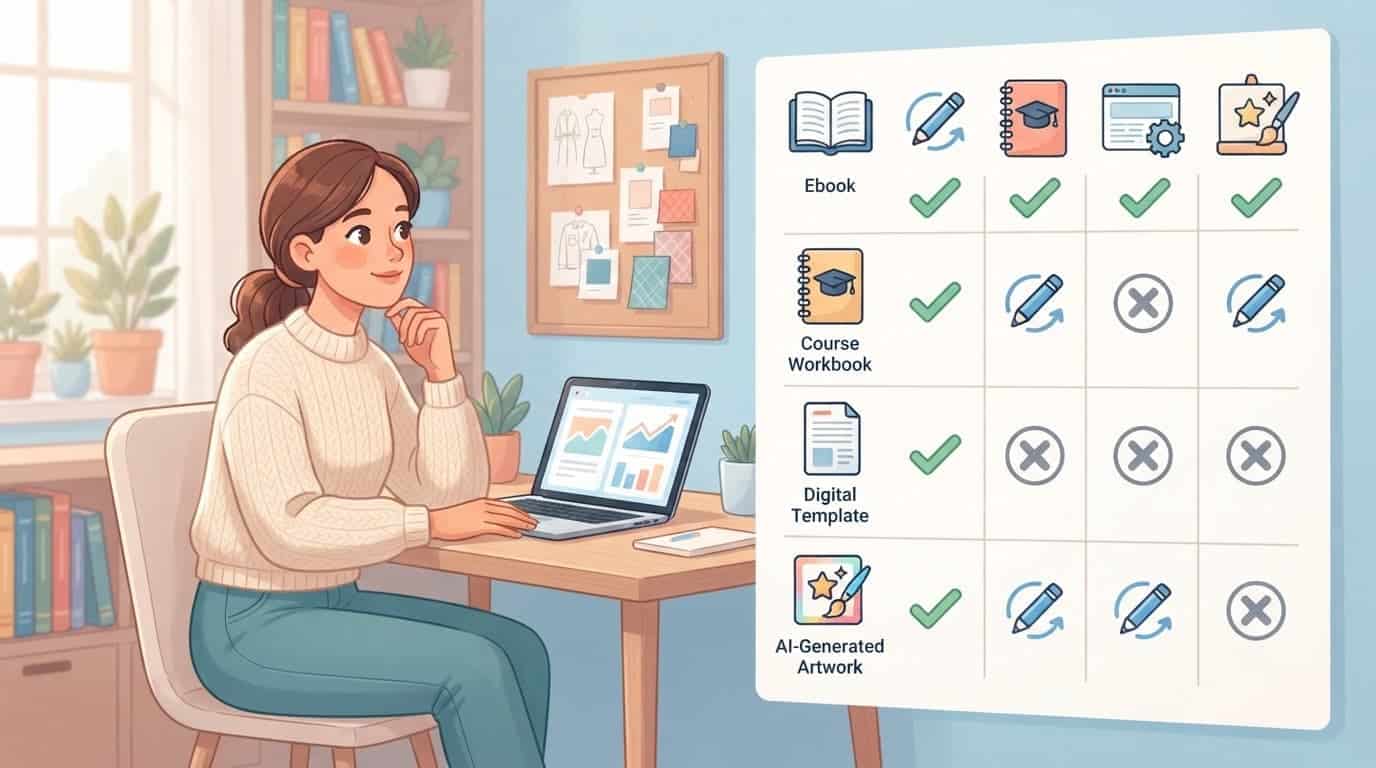 Seller reviewing digital product permissions beside a laptop and colorful checklist icons.