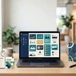 Laptop and brand materials surround a magnifying glass over one selected file.