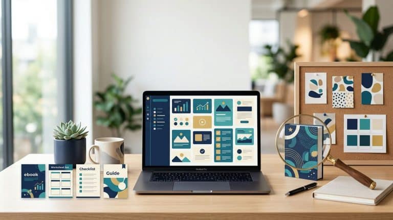 Laptop and brand materials surround a magnifying glass over one selected file.