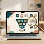 Laptop workspace with digital products, audience icons, folders, and a magnifying glass.