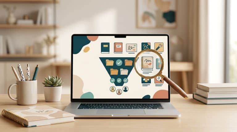 Laptop workspace with digital products, audience icons, folders, and a magnifying glass.