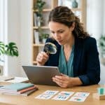 Entrepreneur examines a tablet mockup with a magnifying glass at a bright desk.