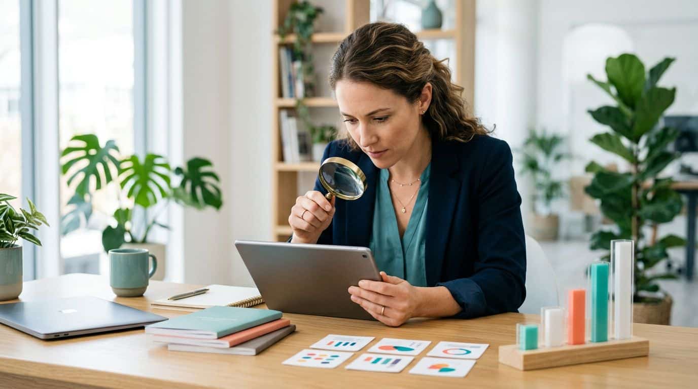 Entrepreneur examines a tablet mockup with a magnifying glass at a bright desk.