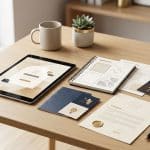 Digital worksheets and cards sit beside a tablet with a shield symbol.