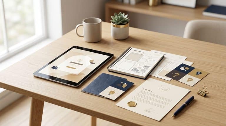 Digital worksheets and cards sit beside a tablet with a shield symbol.