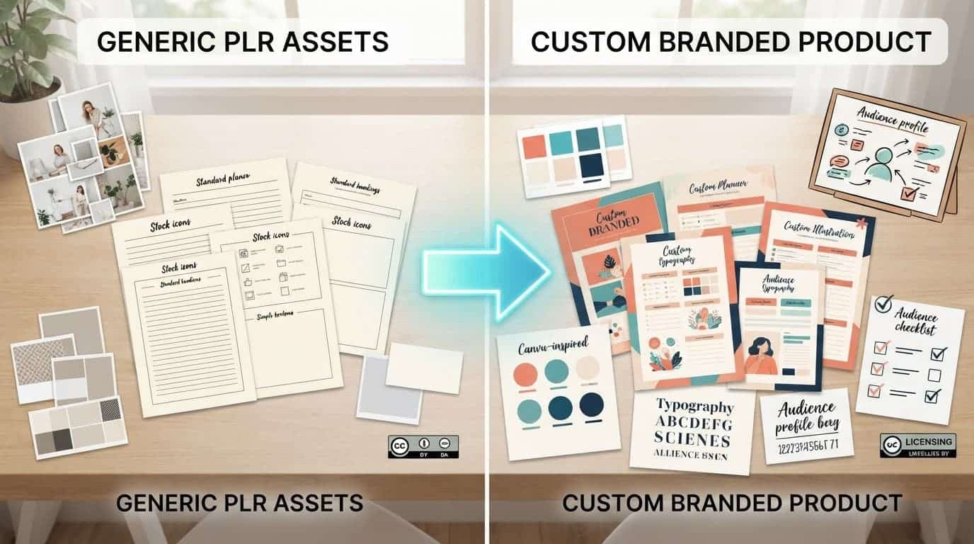 Generic planner pages become a cohesive branded product on a colorful studio desk.