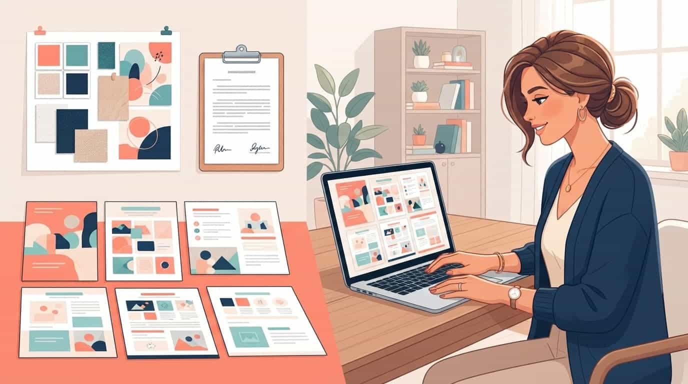 A creator compares a digital workbook with brand swatches and licensing papers in a bright home office.