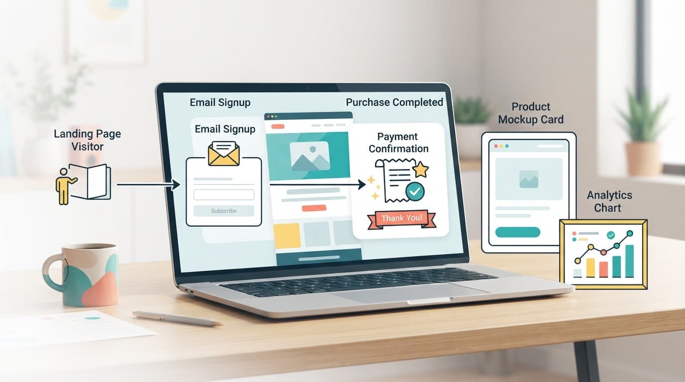 Laptop and cards show a landing page moving toward signup and purchase.